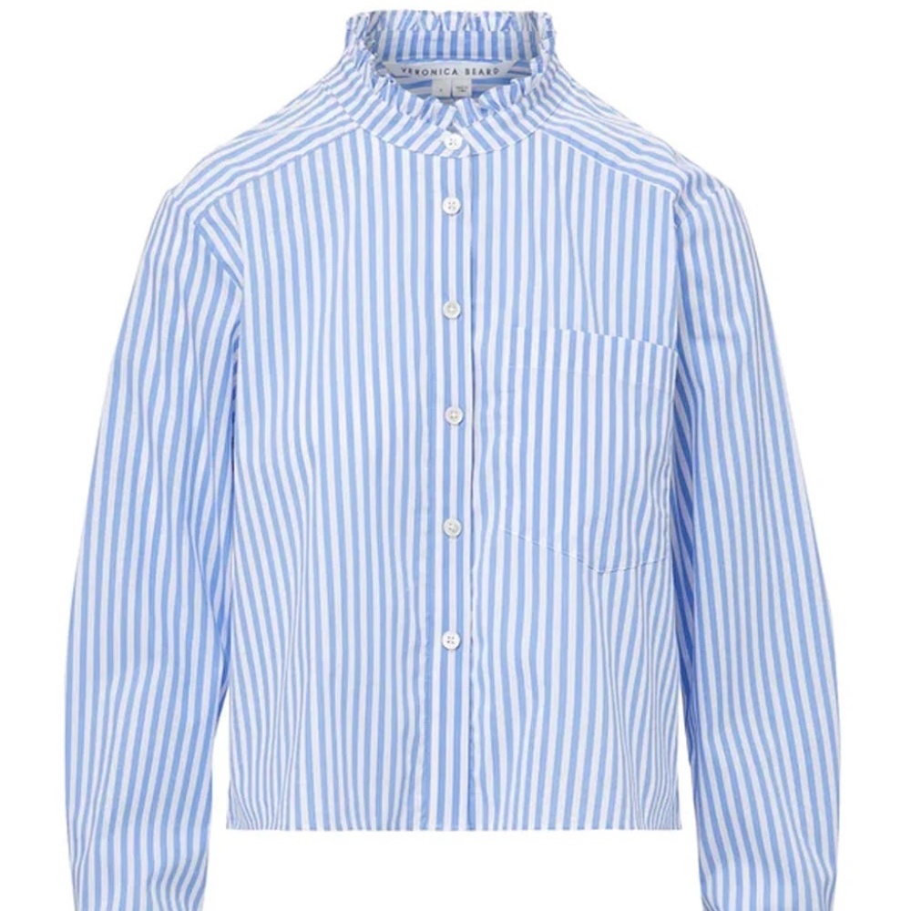 Veronica Beard Bluebell Stripe Ruffle Whitman Shirt Blouse Blue and White - Picture 9 of 9